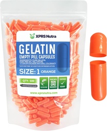 XPRS Nutra Size 1 Empty Capsules - 500 Count Empty Gelatin Capsules - Pill DIY Capsule Fyllning - Pure Bovine Pill Gel Caps for Do-It-Yourself Supplements (Orange)