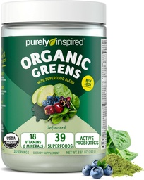 Purely Inspired Organic Green Powder Smoothie Mix, Unflavored (24 portioner) - Probiotika för Digestive Health med Spirulina & Chlorella för Gut Health - Vegan & Gluten-Free