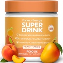 Forgge Energy Booster Super Drink - Clean Caffeine + B12, B6, C & D Vitaminer - Sugar Free Energy Drink Powder med elektrolyter, Aminosyror, Antioxidanter, Lions Mane - Vegan, Keto-Friendly - 30 SVG, Peach Mango