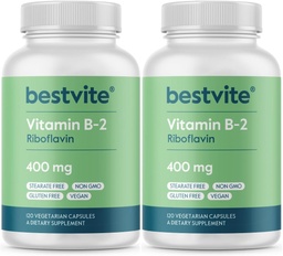 BESTVITE Vitamin B-2 (Riboflavin) 400mg (240 vegetariska kapslar) (120 x 2) - No Stearates - Vegan - Non GMO - Gluten Free