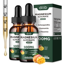 Magnesium Glycinate Liquid Drops Supplement, med Magnesium Glycinate 500mg Ashwagandha, L - Theanine, Chamomile -Support Stress Relief, Bone, Muscle, Mood Mango Flavor 2Pack