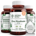 Natural Nutra Zinc Picolinate 30 mg, dubbel styrka, rå och ren, mycket biotillgänglig tillskott för tillväxt och immunstöd, hjälper till att stödja metaboliskt system, minska vanlig kall 250 kapsel