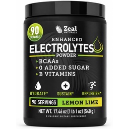 Zeal Naturals Electrolyte Powder Recovery Drink (90 portioner | Lemon Lime) w 0 Sugar +BCAAs +B-Vitamins Electrolyte Supplement w Potassium Zink & Magnesium för Hydration - Keto Electrolytes