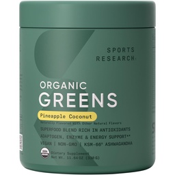 Sports Research® Organic Greens Superfood Powder w/Spirulina, Chlorella, Adaptogens, Enzymes, Probiotics & 8 VIT Bs för Gut & Mood Support* - Vegan, Sugar-Free & Low-Cal Pineapple Coconut 30 Servings