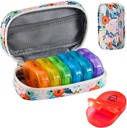 Serfeymi Weekly Travel Pill Organizer 2 Times A Day AM PM Uppgraderad Rainbow Pill Box 7 Dag med Portable Zipper PU Leather Pill Case, Medicine Organizer för piller, vitaminer, fiskoljor - Blomster 03