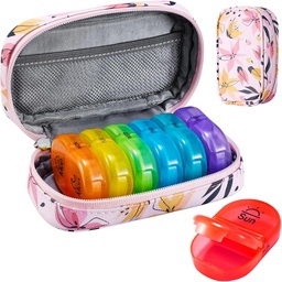 Serfeymi Weekly Travel Pill Organizer 2 Times A Day AM PM Uppgraderad Rainbow Pill Box 7 Dag med Portable Zipper PU Leather Pill Case, Medicine Organizer för piller, vitaminer, fiskoljor - Rosa 03