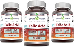 Fantastiska formler Folsyra 1000 mcg (1 mg) tabletter Supplement | Vitamin B9 | Icke-GMO | Gluten Free | Gjord i USA (240 greve | 3 Pack)