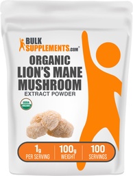 BulkSupplements.com Organic Lion's Mane Mushroom Extract Powder - Lions Mane Supplement Powder, Superfood för välbefinnande - Vegan, 1g per portion, 100g (3,5 oz) (Pack av 1)