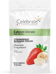 Celebrate Vitamins Bariatric 500mg Calcium Citrate Soft Chews med 500 IE Vitamin D3 - Essential för gastric bypasspatienter och benhälsa - Sugar & Gluten Free, Strawberry Banana Cream (90 Chews)
