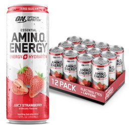 Optimum Nutrition Amino Energy Sparkling Hydration Drink, Electrolytes, koffein, aminosyror, BCAA, Sugar Free, Juicy Strawberry, 12 Fl Oz, 12 Pack (Packaging May Vary)