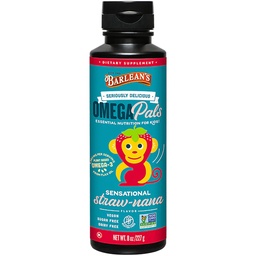 Barleans Omega Pals Omega 3 för barn, Yummy Straw-Nana Flavored Children's Liquid Flax Seed Oil Supplement med 1,483 mg ALA, Non-GMO, Vegan Brain och Eye Health, 8 oz