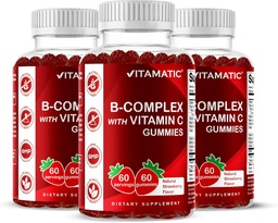 Vitamatic Vitamin B Complex Gummies med vitamin C & Inositol - naturlig jordgubbsmak - 60 Gummies (3 flaskor)