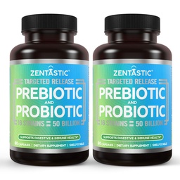 Zentastic Probiotics & Prebiotics Supplement - 50 miljarder CFU - för Män & kvinnors immun & Digestive Health - 16 Stammar - Shelf Stable - 120 försenad frisättning Veggie Capsules