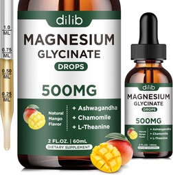 Magnesium Glycinate Supplement, Magnesium Liquid Drops med Magnesium Glycinate 500mg Ashwagandha, L - Theanine, Chamomile -Support Stress Relief, Bone, Muscle, Mood Vegan Natural Mango Flavor