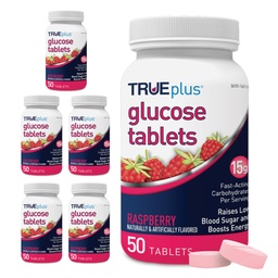 TRUEplus Glucose Tablets, Chewable, Raspberry Flavor, 15g Fast-Acting Carbohydrates, Fat Free, Gluten Free, Boost Energy, 50 Count, 6 Bottles