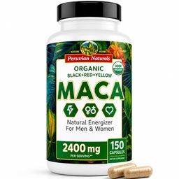 Organiska Maca Root kapslar för kvinnor och män 2400mg per servering - 150 piller svart, röd, gula Maca Supplement - Gelatinized Macaroot, icke-GMO, Vegan av peruanska natur