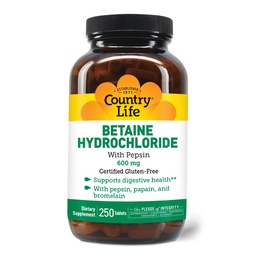 Country Life Betaine Hydrochloride med pepsin 600 mg - 250 tabletter