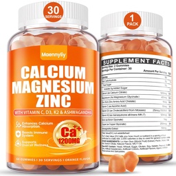 Kalcium 1200 mg med vitamin D3 Gummies för vuxna - Kalciumcitrat med vitamin D3 K2, Magnesium, Zink, Boron, Koppar och Ashwagandha - Extra Absorption Kalcium Supplement för kvinnor Män