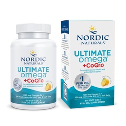 Nordic Naturals Ultimate Omega + CoQ10, Lemon - 60 Soft Gels - 1280 mg Omega-3 + 100 mg CoQ10 - Hjärthälsa, cellulär energi, antioxidantstöd - icke-GMO - 30 portioner