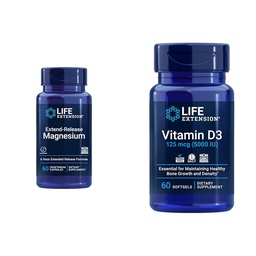 Life Extension Extend-Release Magnesium Prolonged Health Support & Vitamin D3 5000 IE 125 mcg Bone, Brain & Immune Health - 60 kapslar & 60 Softgels