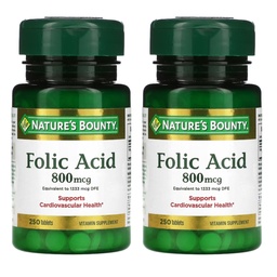Naturens Bounty Folic Acid 800 mcg Vitamin Supplement Maximal Styrka - 250 tabletter, paket med 2