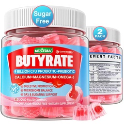 Butyrate Gummies med Probiotic + Prebiotic + Postbiotic, Omega-3 500mg,9 miljarder CFU Probiotika med Fiber, Calcium & Magnesium, Inulin, Psyllium Husk för Digestive Health, Bloating Support, Sockerfri