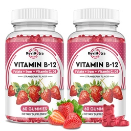 Vitamin B12 Complex Gummies - 5000 mcg Methylcobalamin med järn, vitamin C, D3 & folat, energistöd och metabolism, Immune, B-12 Chewable Supplement för män och kvinnor, jordgubbsmak, 2 Pack