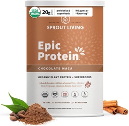 Sprout Living Epic Protein, Plant Based Protein & Superfoods Powder, Chocolate Maca Powder | 20 Grams Organic Protein Powder, Vegan, Non Dairy, Non-GMO, Gluten Free, Low Sugar (2 pund, 24 portioner)