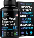 Hjärntillskott för minne och fokus - Ashwagandha, L Theanine, Rhodiola Extract, GABA, 5HTP - Nootropic, Mood Support & Cortisol Supplement - Magnesium Oxide, Mucuna Pruriens - 60 kapslar