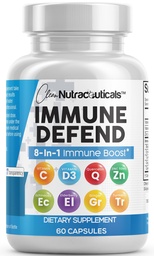 Clean Nutraceuticals Immune Defense Support Supplement 8 i 1 med Zink 50mg Quercetin, VIT C 1000mg, Vitamin D3 5000 IE, Elderberry, Ginger - Immunity System Booster for Adults, Vegan - 60 Count