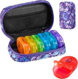 Serfeymi Weekly Travel Pill Organizer 2 Times A Day AM PM Uppgraderad Rainbow Pill Box 7 Dag med Portable Zipper Canvas Pill Case, Medicine Organizer för piller, vitaminer, fiskoljor - Lila 01