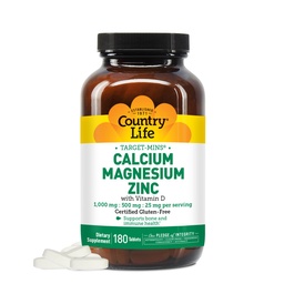 Country Life Calcium Magnesium Zink med vitamin D3 och L-Glutamic Acid, kosttillskott för benstöd, certifierad glutenfri, 1000mg / 500mg / 25mg, 180 tabletter