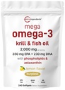 Mega Omega-3 Krill & Fish Oil 2 000mg Equivalent, 240 Softgels | Lemon smaksatt | Burpless | Essential Fatty Acids & Astaxanthin | EPA 350mg + DHA 230mg | Hjärt- och hjärntillskott
