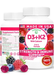 Lunakai USA Made Vitamin D3 K2 Gummies with Calcium – 3-i-1 Daily Vegan Supplement for Bone & Immune Support for Women, Men & Kids, 60ct