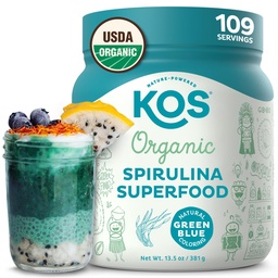KOS Organic Spirulina Powder - USDA Certified Organic, 109 Servings of Superfood Powder för Smoothies & Juices, Non-Irradiated Blue Green Algae, Plant Based with Antioxidants, Vegan (13.5oz)