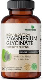 Futurebiotics Magnesium Glycinate 200 MG per servering chelated for High Absorption, Gentle On Stomach, Non-GMO, 240 vegetariska kapslar