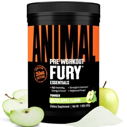Animal Fury Pre Workout Powder - Grönt Apple, 350mg koffein, BCAA Amino syror, 2g Beta Alanine, Citrulline & Tyrosine, energi, fokus, styrka, uthållighet, preworkout för män och kvinnor, 30 portioner