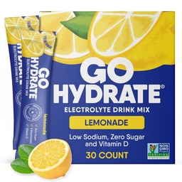 GoHydrate Low Sodium Electrolytes Powder Packets Sugar Free - Instant Hydration Daily Drink Mix - Zero Sugar Water Flavor Packet Singlar med vitamin D - (Lemonade, 30 Packs)