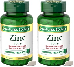 Naturens Bounty Zink 50mg, Immune Support & Antioxidant Supplement,Promotes Skin Health, 1 Caplet Per Day, Gluten Free,250 Vegetariska Caplets,(Pack of 2)
