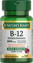 Naturens Bounty Vitamin B-12 Quick Dissolve Tablets, 1000mcg, Aids in the Conversion of Food into Cellular Energy, Cherry Flavor, 60ct