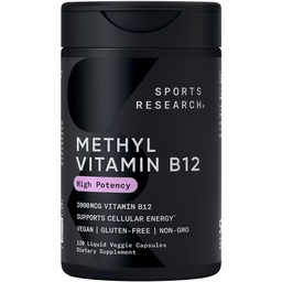 Sports Research® Vitamin B12 as Methylcobalamin 2000mcg - Plant Based B12 w/Coconut MCT Oil for Energy Metabolism Support - Vegan Certified · Non-GMO · Gluten Free - 120 Liquid Caps