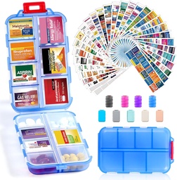 14 Grids Travel Pill Organizer Box med 415-Pcs Medicine Name Labels - Pocket Daily Pharmacy Case Container Kit - Travel Medication Holder Dispenser för Fish Oil Vitamin Supplement Storage -Clear Blue
