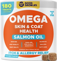 Omega 3 Fiskolja för hundar (180 Ct) - Hud & Coat Chews - Torr & Itchy Skin Relief + Allergy Support - Shiny Coats - EPA & DHA Fatty Acids - Natural Salmon Oil Chews främjar hjärta, Hip & Joint Support