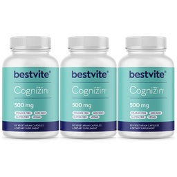 BESTVITE Cognizin Citicoline 500mg (180 vegetariska kapslar) (60x3) - Kliniskt Studerade Premium Choline Nootropic - No Stearates - Vegan - Gluten Free - Brain Supplements för minne och fokus