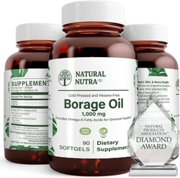 Natural Borage Oil Supplement - Rik i Gamma-linolenic Acid (GLA), En Potent Omega-6 Essential Fatty Acid känd för att stödja hud, nerv och gemensam hälsa 90 Softgels.