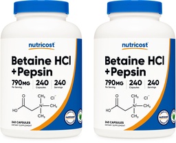 Nutricost Betaine HCl + Pepsin 790mg, 240 kapslar, 2 flaskor (480 kapslar)