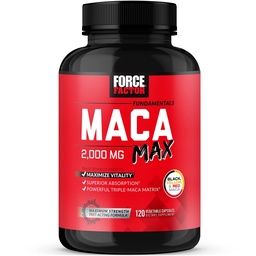 Force Factor Maca Max, Maca Root Capsules för att maximera Vitality & Performance, Made with Black Maca, Red Maca & Yellow Maca Powder, Maca Root Powder, 2000mg, 120 kapslar