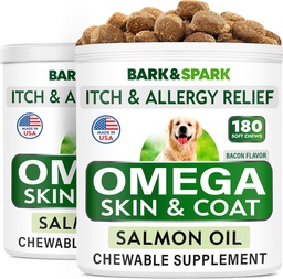 BARK & SPARK Omega 3 för hundar - 360 fiskoljebehandlingar för hundspridning, hudallergi, Itch Relief, Hot Spots Treatment - Gemensam hälsa - Hud och Coat Supplement - EPA & DHA fettsyror - Laxolja - Bacon