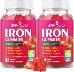 2 Pack Vegan Iron Gummies för vuxna och barn - med vitamin C, A, B-Complex, Folate, Zink och Biotin - för Blood Building & Energy Support, 120 Gummies