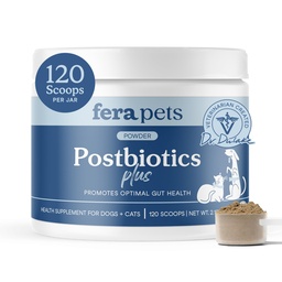 Fera Pets Postbiotics Plus Prebiotika för hundar och katter - med Slippery Elm - främjar optimal matsmältningshälsa och inflammatoriskt svar - Förbättrar immunitet - 120 skopor